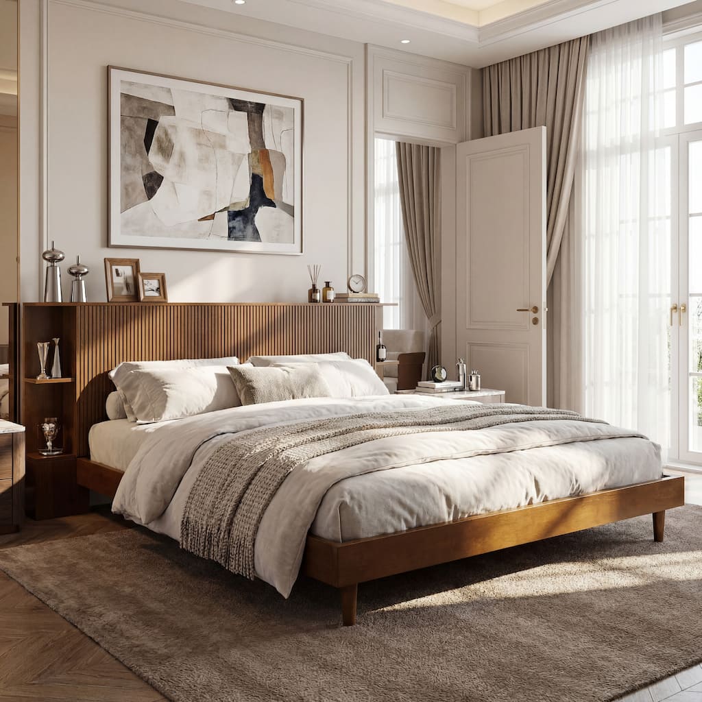 Christopher Knight Home - Avery Bohemian Platform Bed, Storage Headboard, Built-In Shelves & Wooden Legs, No Box Spring Needed