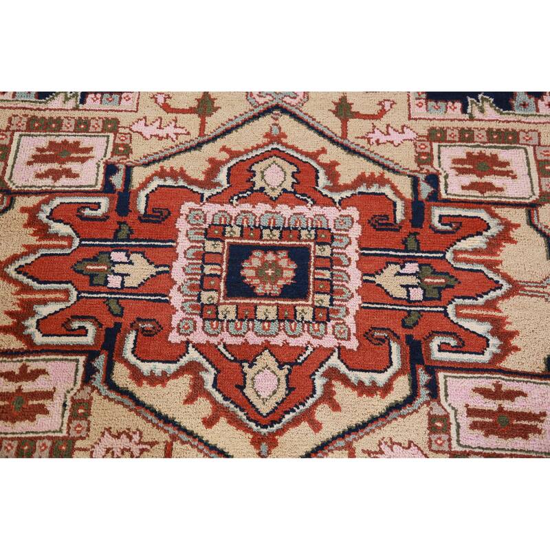 Hand Knotted Oriental 100% Wool Carpet Traditional Medallion Navy Blue & Blues Heriz (serapi) Area Rug - 13' 10'' X 9' 11''