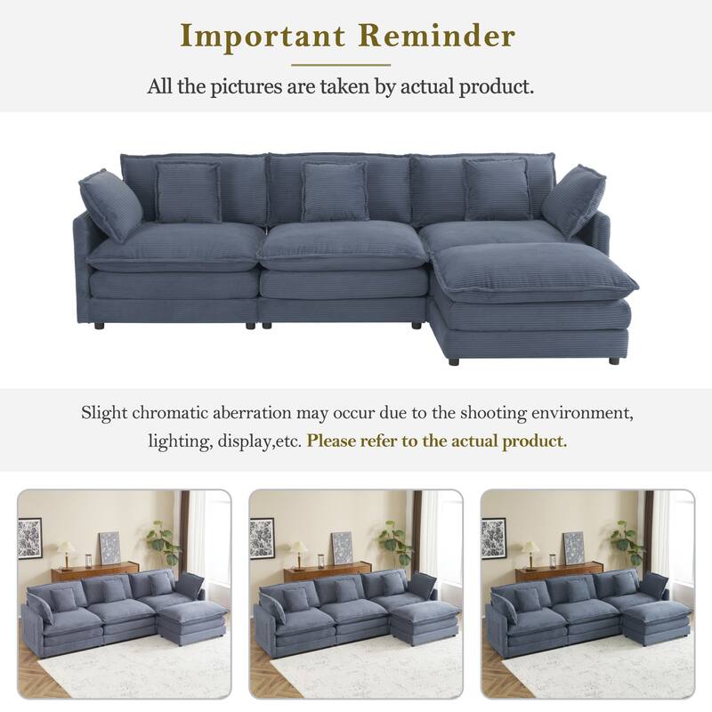 Sectional Sofa with Movable Ottoman Corduroy L-Shaped Upholstered Deep Seat Couch with Lumbar Pillows and Side Pockets