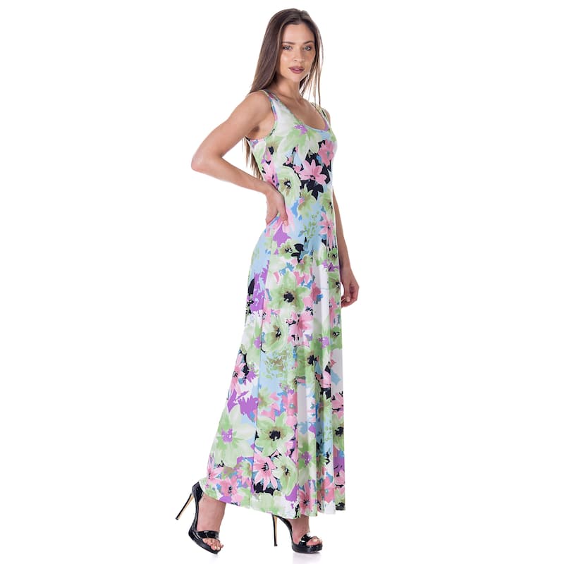 24seven Comfort Apparel Womens Pastel Floral Scoop Neck A Line Sleeveless Maxi Dress