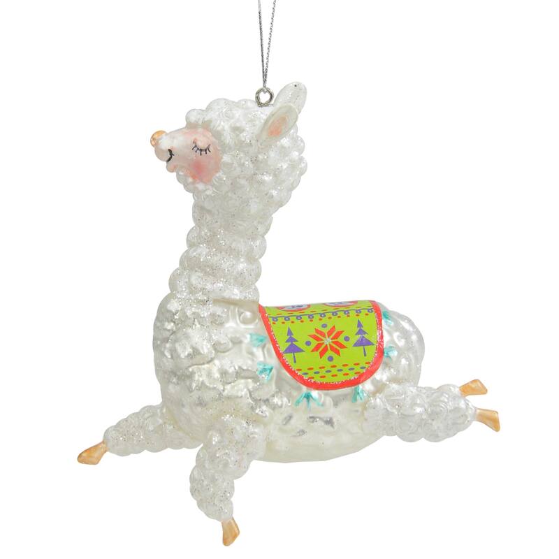 5" White and Green Glittered Jumping Llama Glass Christmas Ornament