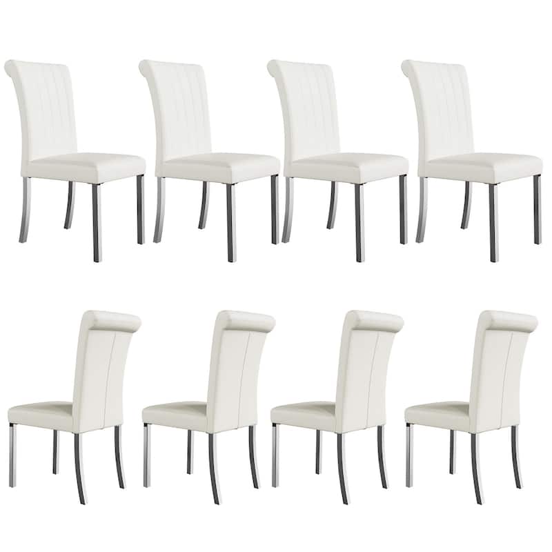 Luxury PU Leather Parsons Dining Chairs Side Chairs with Rolled Back and Stainless Steel Legs - White and Silver - Set of 8