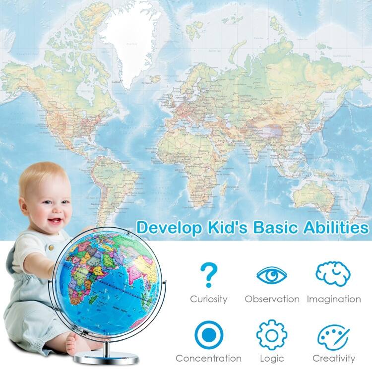 13 Inch LED Lighted World Globe 720 degree Rotation for Kids and Decor - 8" x 13" x 16"
