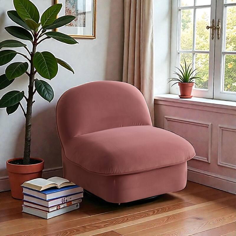Swivel Accent Chair with 360 Degree Metal Base, Velvet Upholstered Pumpkin Chair for Living Room Bedroom