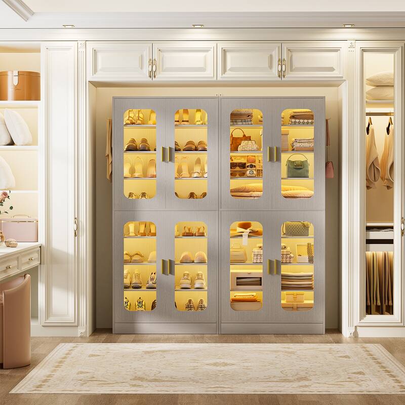 8-Tier Shoe Cabinet with LED Light, 32 Pairs Tall Shoe Storage Organizer with Side Hooks