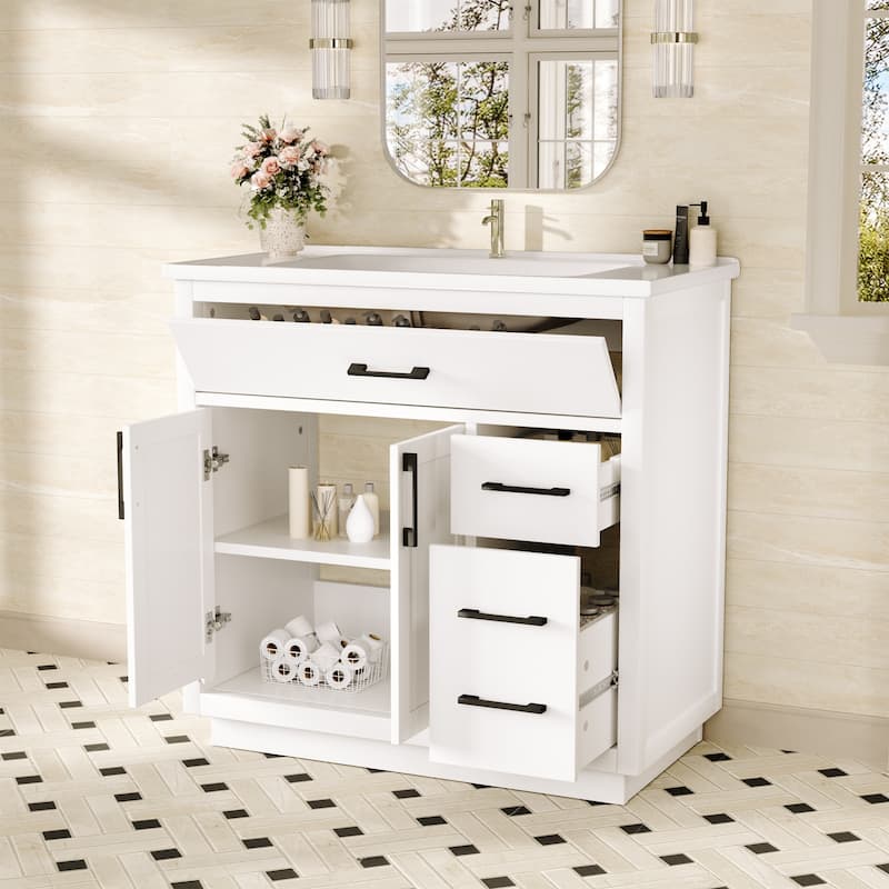 36" Free-Standing Bathroom Vanity with Marble Countertop-Soft-Close Drawers & Cabinet
