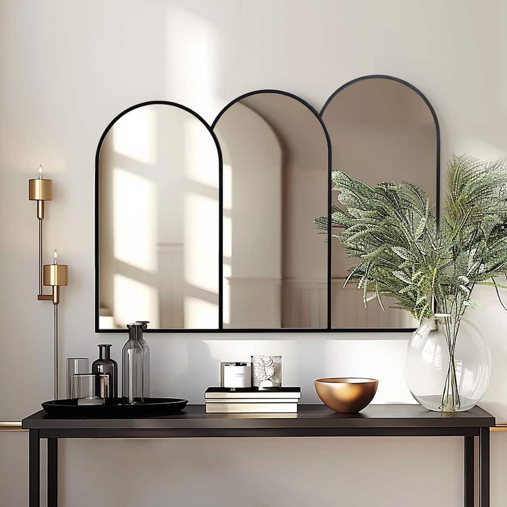 Triple Arch Black Metal Framed Decorative Wall Mirror - 31.5" H x 42.13" W x 0.59" D
