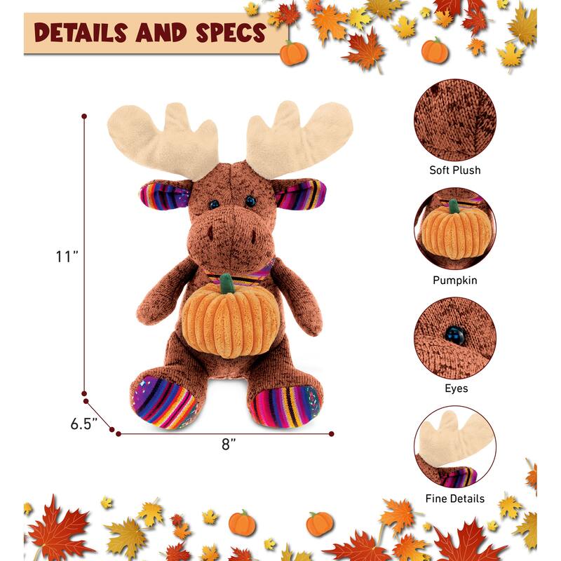 DolliBu Sitting Brown Moose Stuffed Animal with Pumpkin Decor - 11 inches