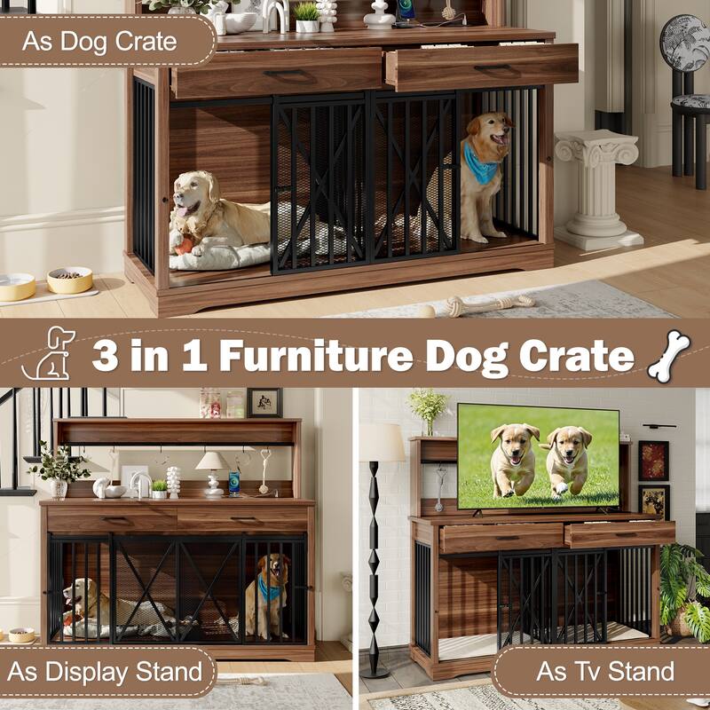 55.1" Dog Crate Furniture, Dog Cage Table with 2 Storage Drawers and Shelves, TV Stand Side End Table