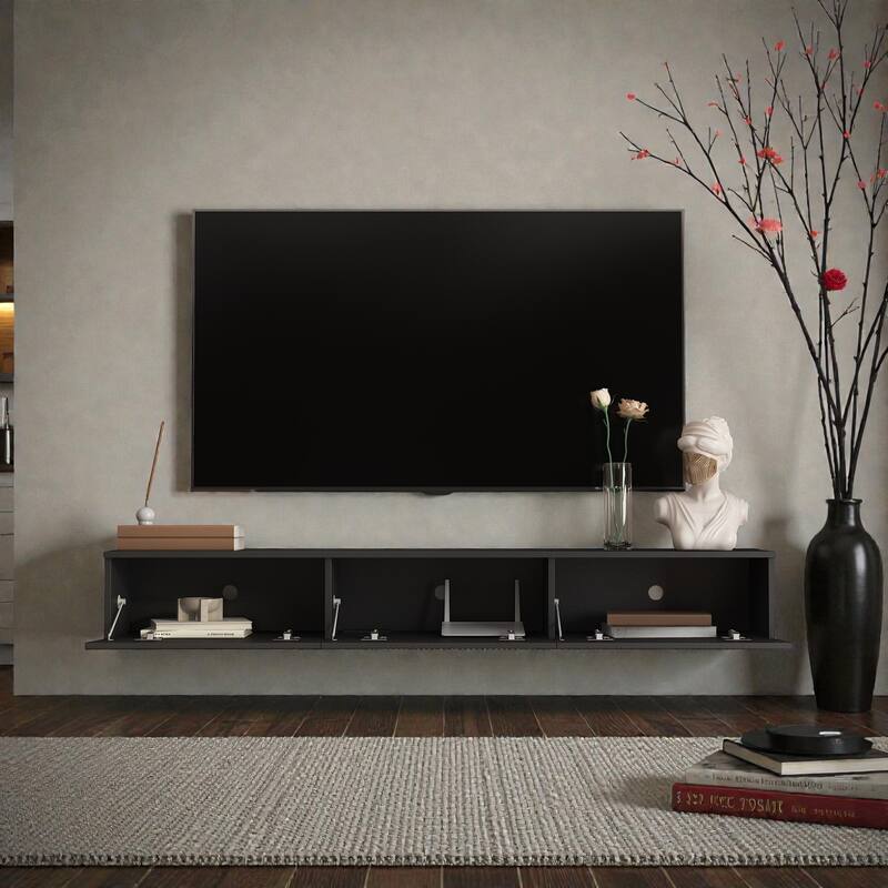 65" Floating TV Stand Wall Mounted with 16 Color LED Lights, Modern TV Cabinet for 55-65 Inch TVs
