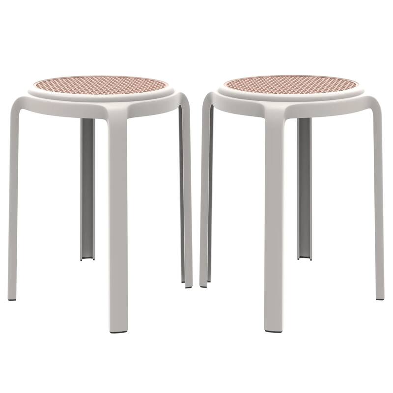 Tresse All-Weather Round Stackable Dining Stool with Wicker-Style Seat for Indoor, Outdoor, Patio, and Kitchen Set of 2 - White