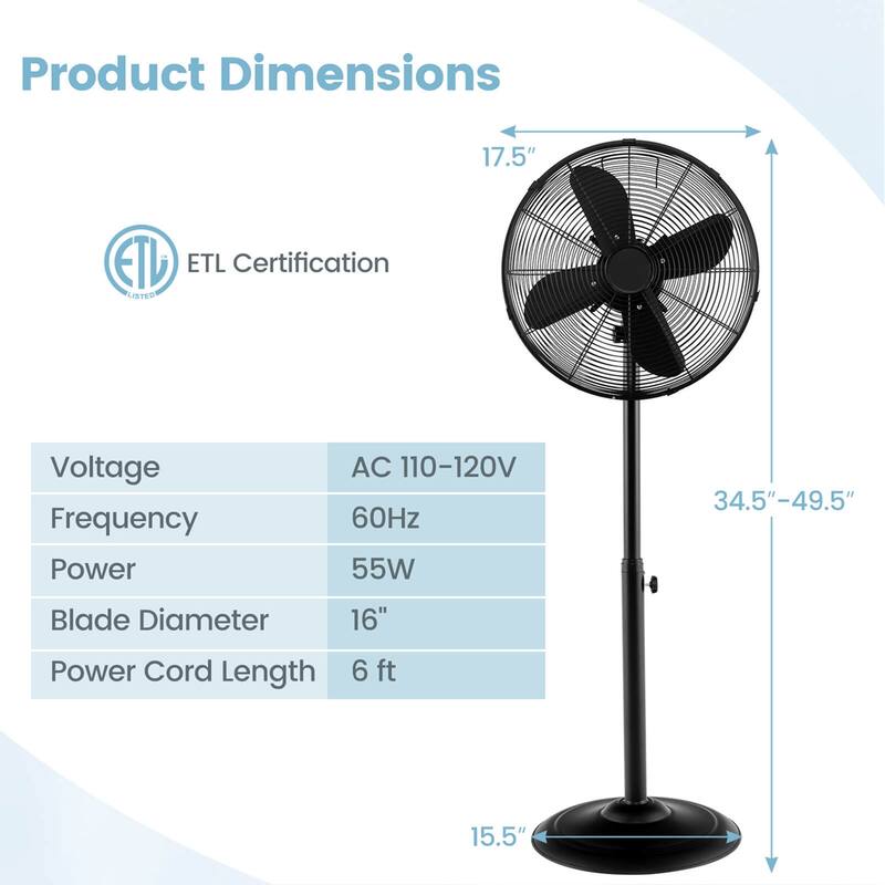 Costway 16" Standing Pedestal Fan with 3 Speed Settings Carrying - See Details