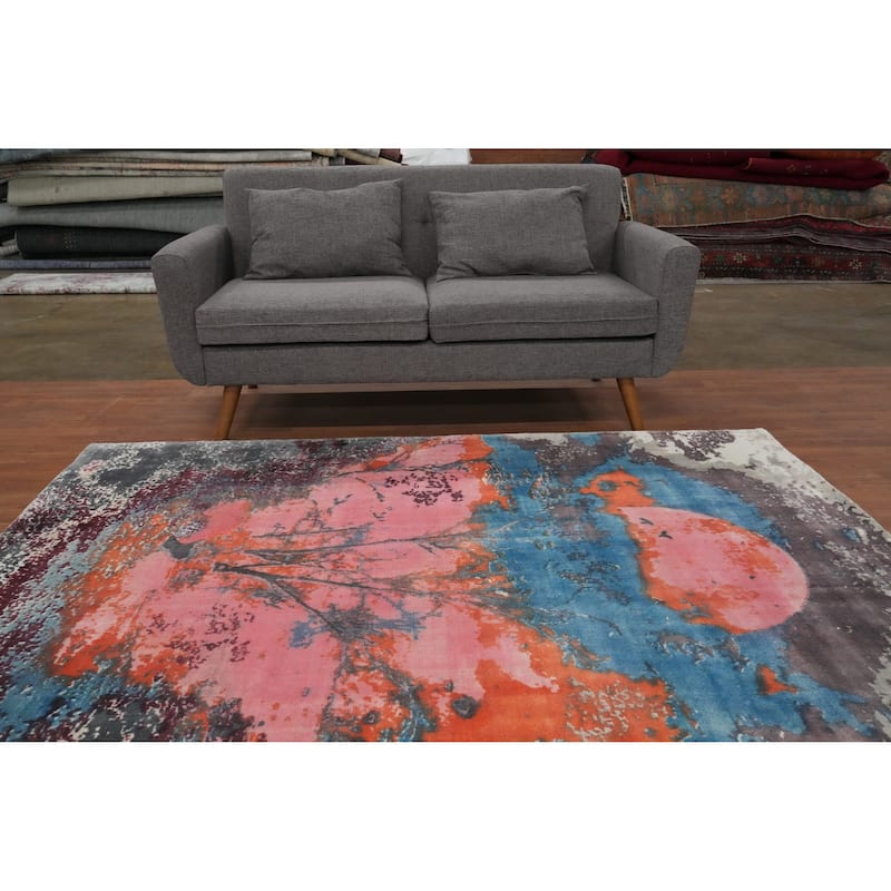 Hand Knotted Oriental Viscose Silk Carpet Modern Pictorial Multi-Colored Abstract Area Rug - 7' 2'' X 5' 4''