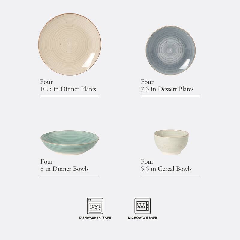 Gibson Home Stonebury 16 Piece Plates and Bowls - Handpainted Stoneware Dinnerware Set - Service for 4