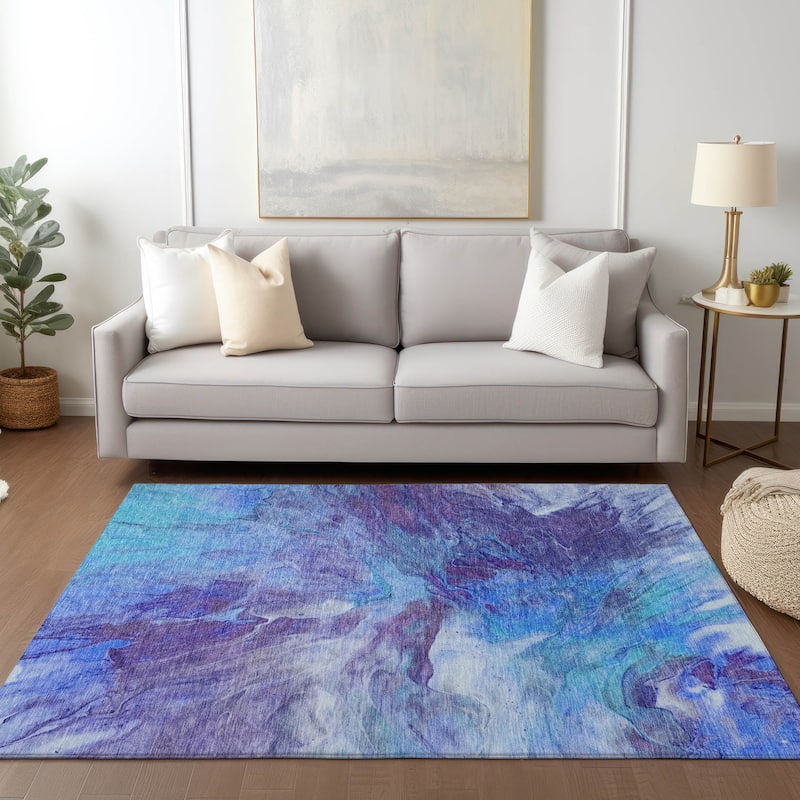 Machine Washable Indoor/ Outdoor Chantille Contemporary Splash Rug - Blue - 9' x 12'