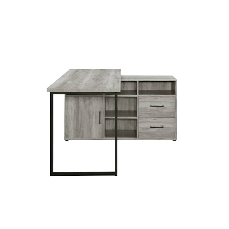 Luz 59 Inch L Shaped Office Desk, 2 Drawers, 5 Compartments, Gray Driftwood