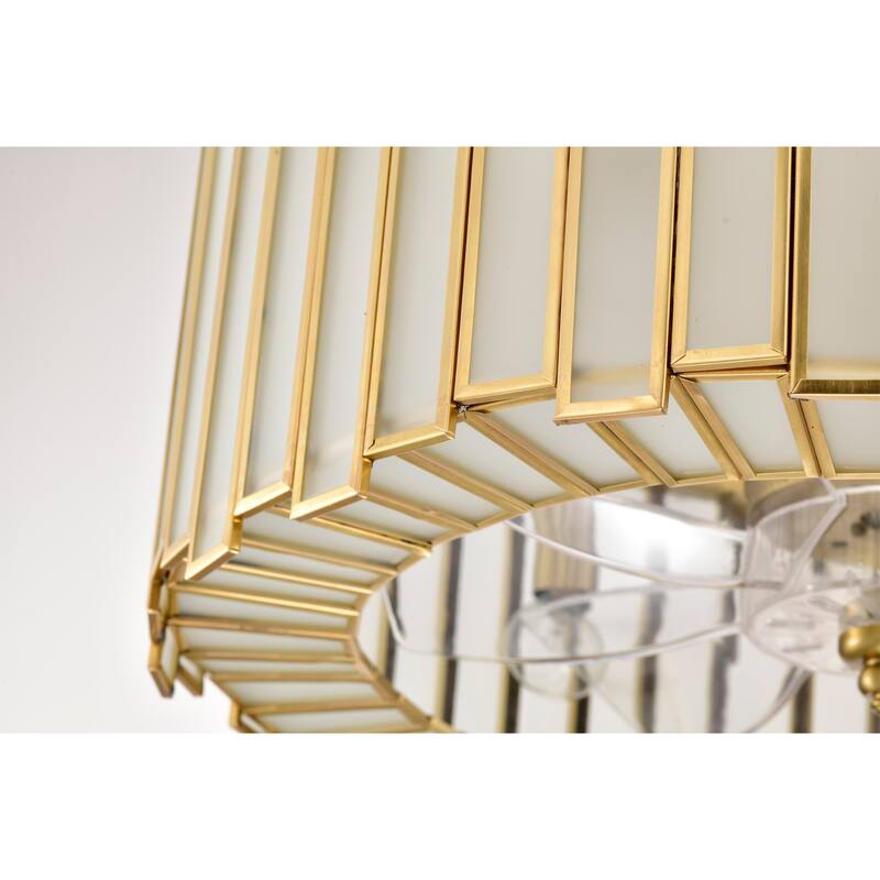 Walda 6-light Brass and Frosted Glass Staggered Panes Fandelier Lighted Ceiling Fan Remote Control - Brass-White