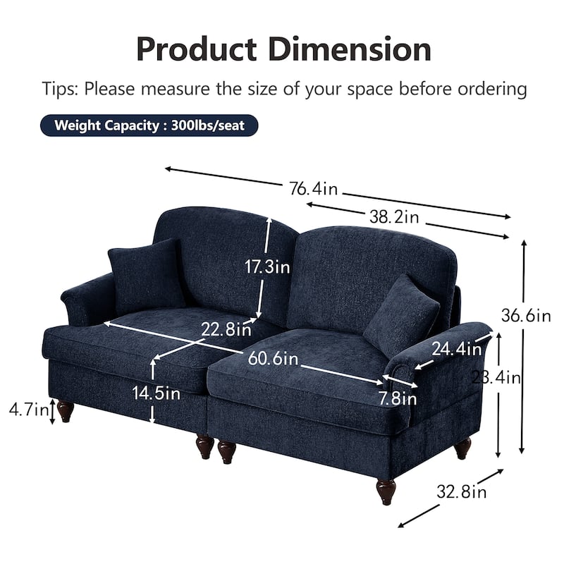 Mid-Century 2-Seat Sofa Couch with Flared Arms & Removable Ruffled Skirts, Retro Chenille Upholstered Loveseat for Living Room
