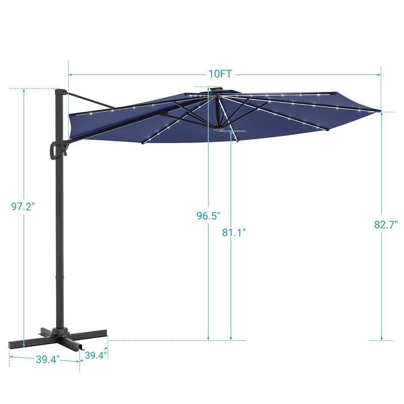 BONOSUKI Solar-powered 10FT Cantilever Patio Umbrella, Ultimate Outdoor Comfort with 360° Rotation and Canopy Angle Adjustment