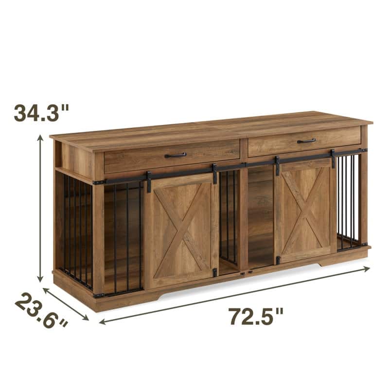 Wood Barn Door Large Dog Crate Furniture With 2 Drawers and Divider