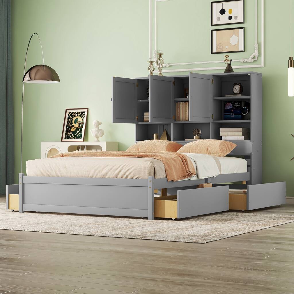 Queen Size Platform Bed with Storage Headboard and 4 Drawers