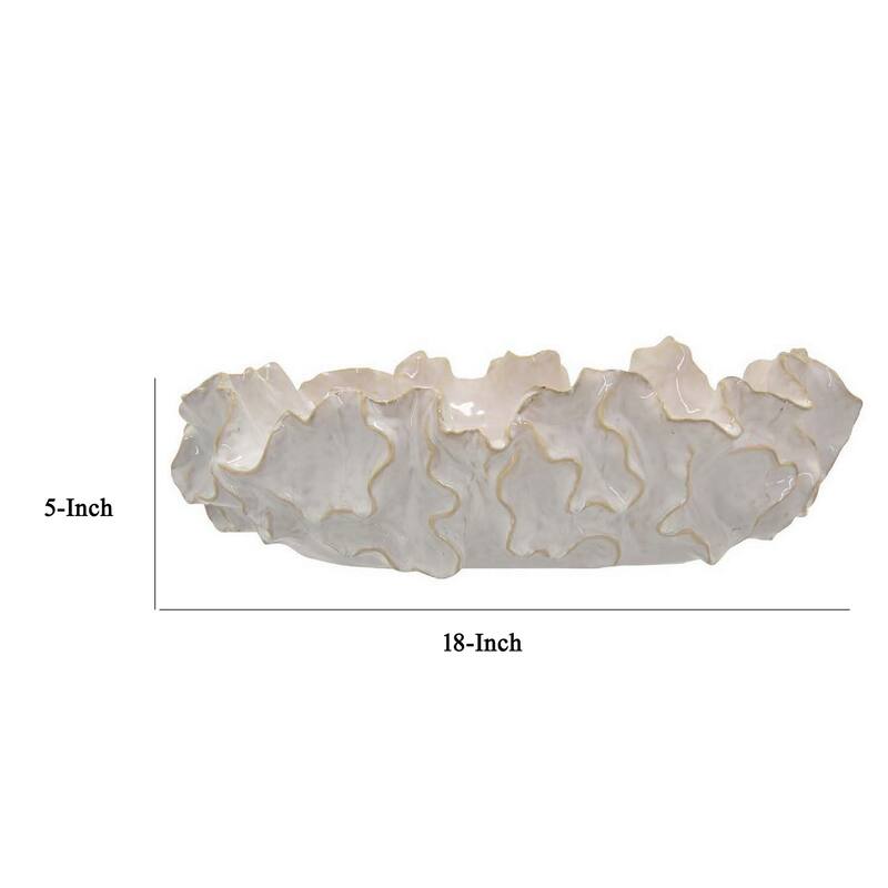 Decorative Accent Bowl, 18 Inch, Natural Wavelike Body, White Ceramic