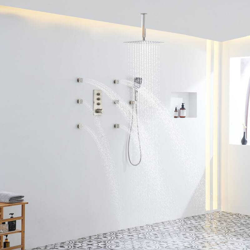 3-Function 12-Inch Ceiling-Mounted Thermostatic Shower System in Brushed Nickel with Square Shower Head
