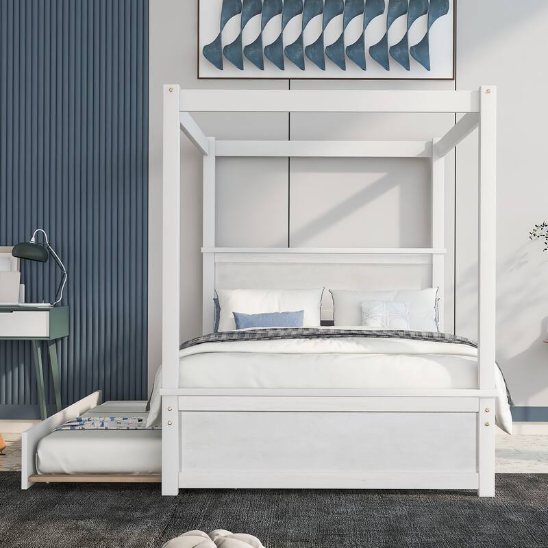 Full Size Canopy Platform Bed with Trundle, Solid Wood Frame, Support Slats Included