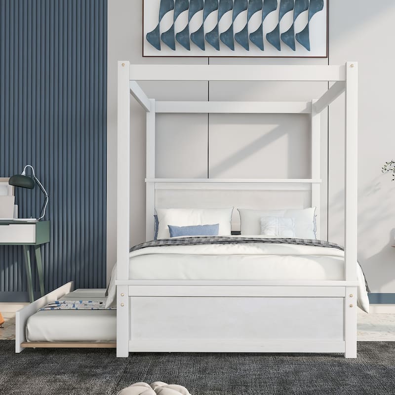 Full Size Wood Canopy Platform Bed with Trundle, Brushed White Finish, No Box Spring Needed