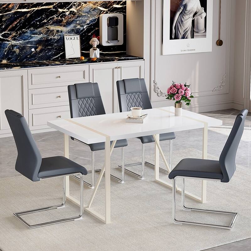 5-Piece Cream White MDF Dining Table Set, with 4 Chairs, Silver Metal Legs, Kitchen Dining Room Set