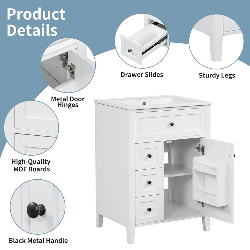 Roomfitters 24" Bathroom Vanity with Sink, Solid Wood Legs, 4 Drawers & Cabinet with Adjustable Shelf