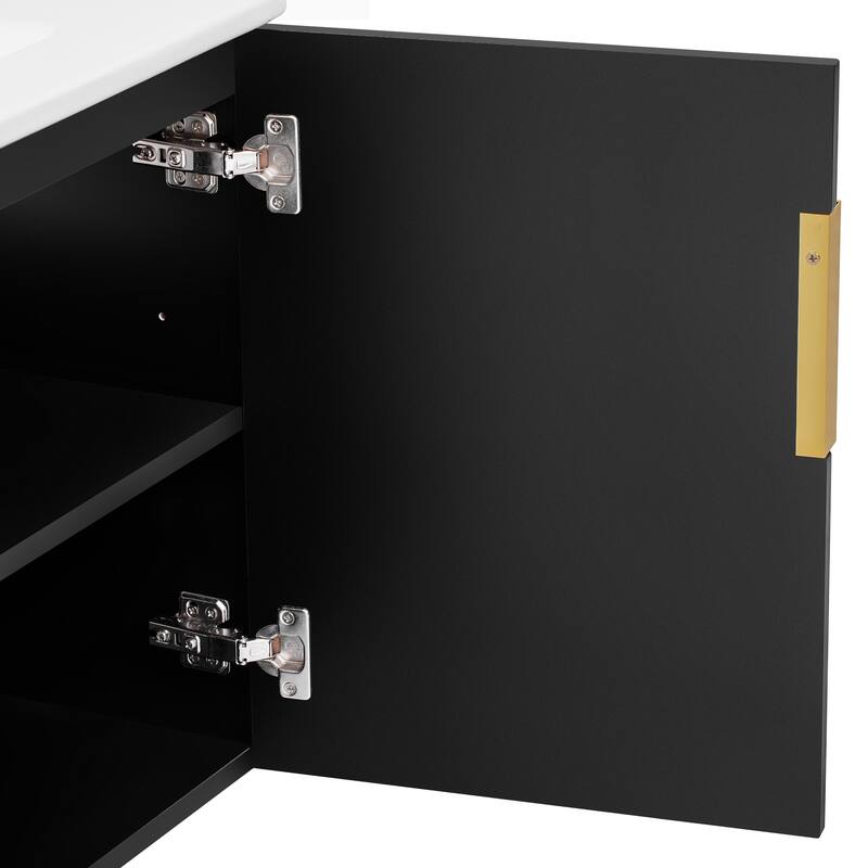 Wall Mounted Bathroom Vanity Floating Storage Cabinet with Ceramic Sink, Geometric Lines Dual Doors and Adjustable Shelf