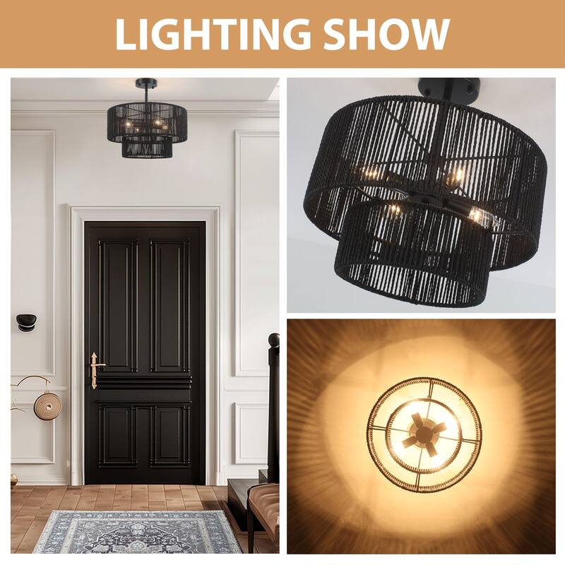 Starsky 4-Light 2-Tier Rattan Semi Flush Mount Ceiling Light