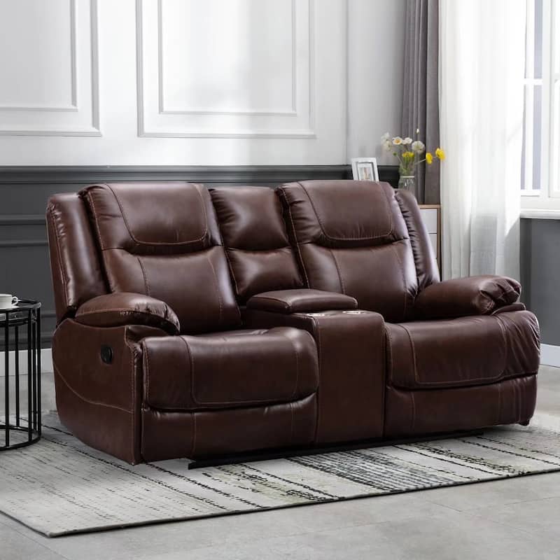 Genuine Leather Mid-century Modern Style Manual Recliners Sofa Set - Two-person recliner with coffee table
