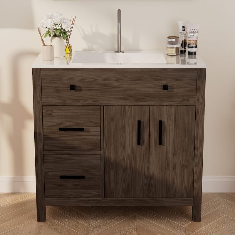 36-Inch MDF Single Sink Bathroom Vanity with Wood-Like Finish - Brown