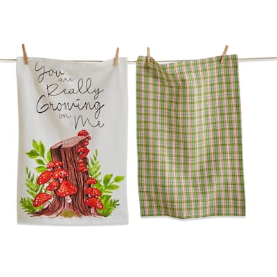Set of 2 Growing On Me Sentiment Mushroom Print Green Plaid Cotton Kitchen Dishtowels 26L x 18W in.