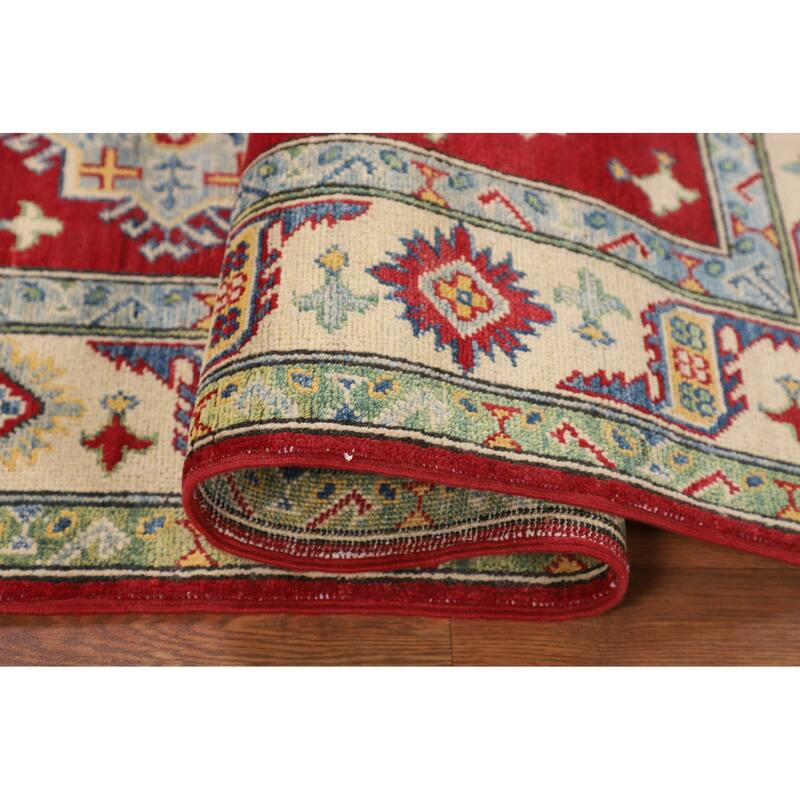 Red Kazak Oriental Area Rug Handmade Geometric Wool Carpet - 5'1" x 6'9"