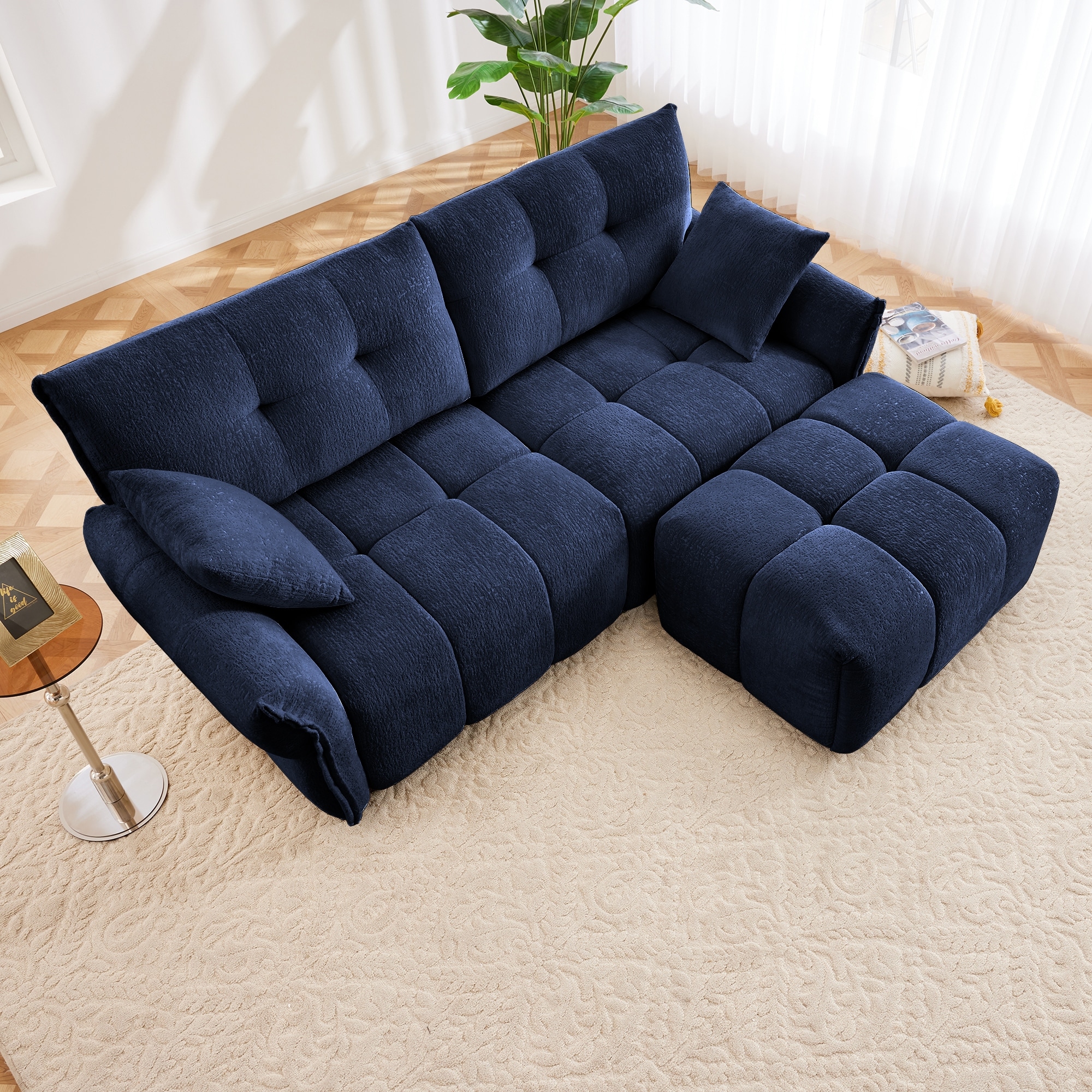 Modern Chenille Fabric 2-Seater Sofa With Ottoman, Minimalist Design, Ideal For Living Room