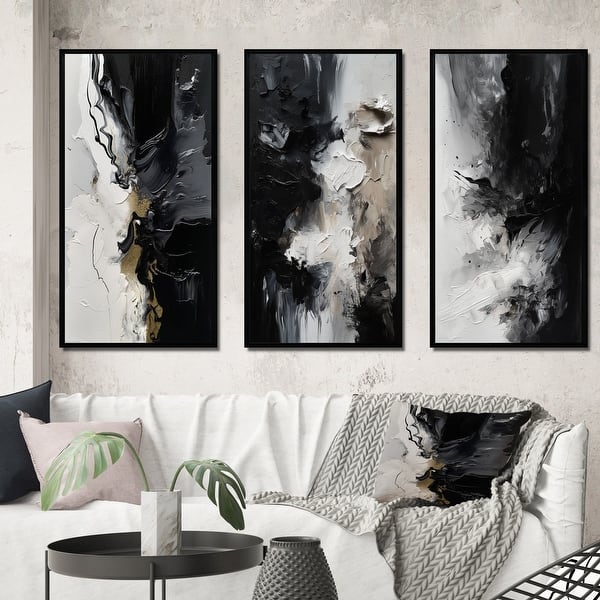 slide 2 of 7, Designart "Black Textured Splash Paint Art III" Abstract Painting Framed Wall Art Set Of 3 For Office Decor 38 in. wide x 20 in. high - 3 Panels - Black