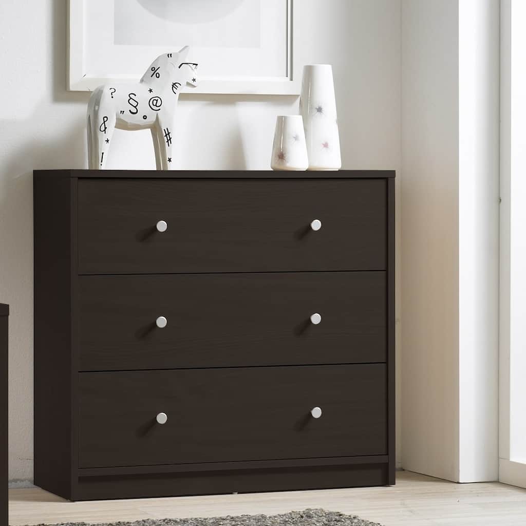 Modern 3-Drawer Chest for Bedroom Storage Dark Brown Wood Finish with Brushed Metal Knobs