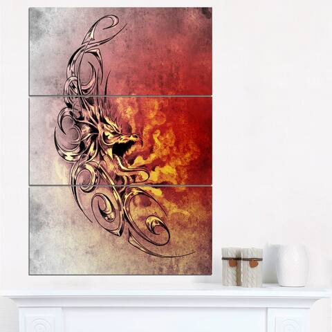Designart "Medieval Dragon Tattoo Sketch" Abstract Print On Canvas - 28x36 - 3 Panels