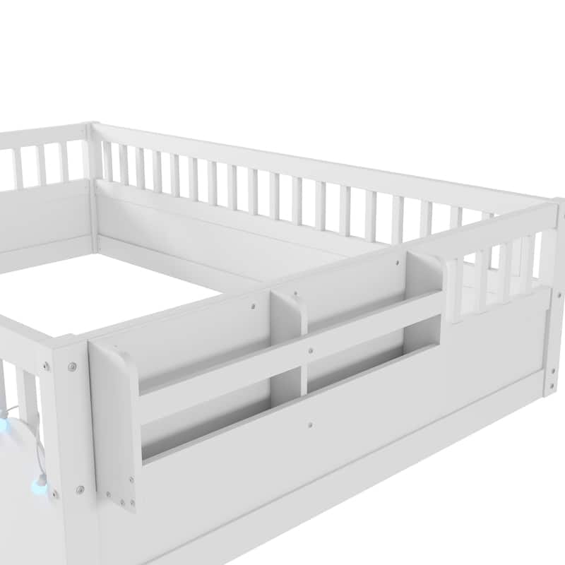 GDF Studio - Ellington Full Size Montessori Floor Bed with High Rails, LED Light, and Storage Shelf