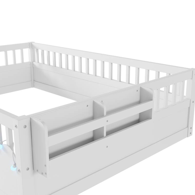 Montessori Floor Bed Frame with High Rails, Wood Toddler Floor Bedframe with Light and Headboard Storage Shelf for Kids Room