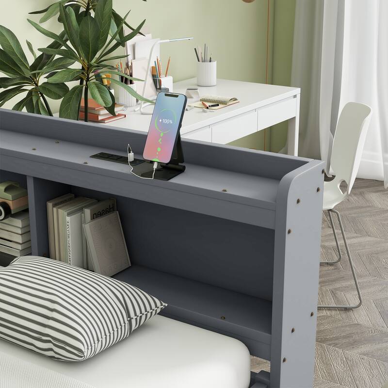 Wooden Platform Sofa Bed Frame with L Shaped Bookcase and Charging Station, Living Room Corner Daybed with 2 Storage Drawers