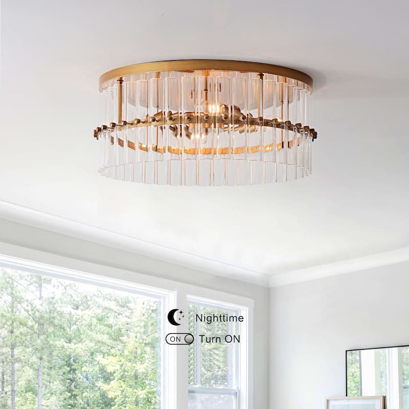 Casandra 18.7" 4-Light Hollow Half-cut Glass Drum Flush Mount - Brushed Brass