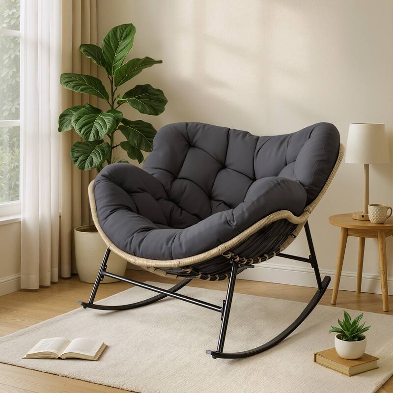 FINCATI Indoor Deep-seating Rocking Papasan Chair, Rocking Chair Outdoor, 450 lbs Outdoor Rocking Chair, Oversized Rocker Chair - 1 PC-Dark Grey