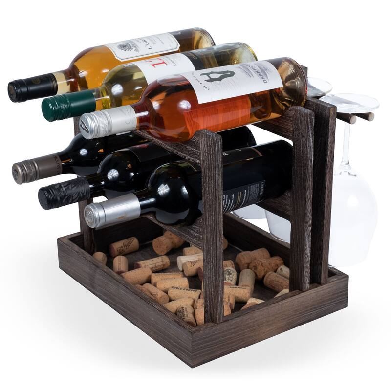 Rustic State Yapincak Burnt Brown Table Top Wine Rack with Stemware Holder and Cork Storage