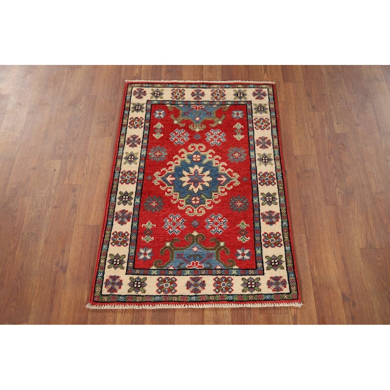 Red Geometric Kazak Oriental Foyer Rug Hand-Knotted Wool Carpet - 1'11" x 3'1"
