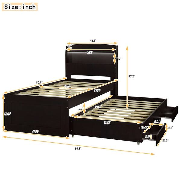 dimension image slide 3 of 4, Platform Bed with Twin Size Trundle & 2 Drawers, Wooden Storage Bedframe with LED Headboard/Charging Station for Kids Boys Girls