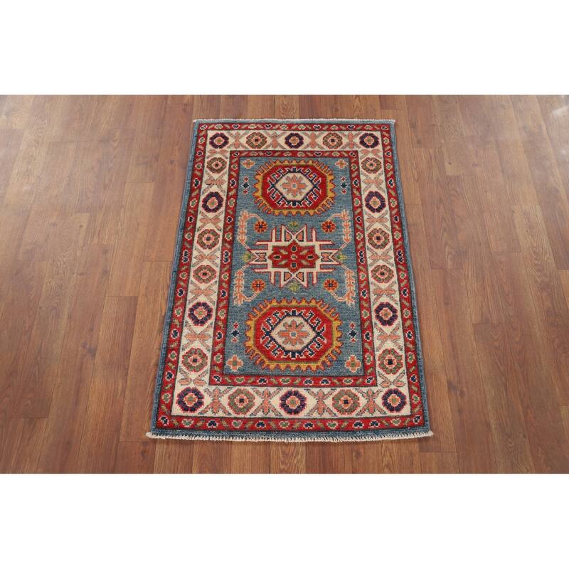 Hand Knotted Oriental 100% Wool Carpet Traditional Geometric Navy Blue & Blues Kazak Area Rug - 3' 0'' X 2' 0''